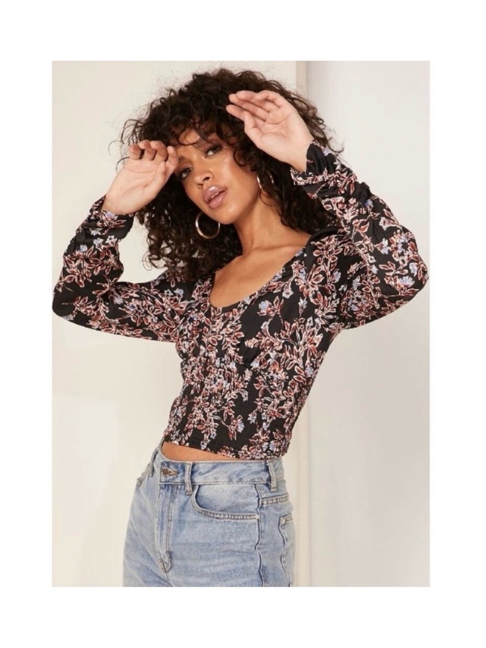 Free People Santiago Floral Smocked Black Puff Long Sleeve Cropped Blouse L